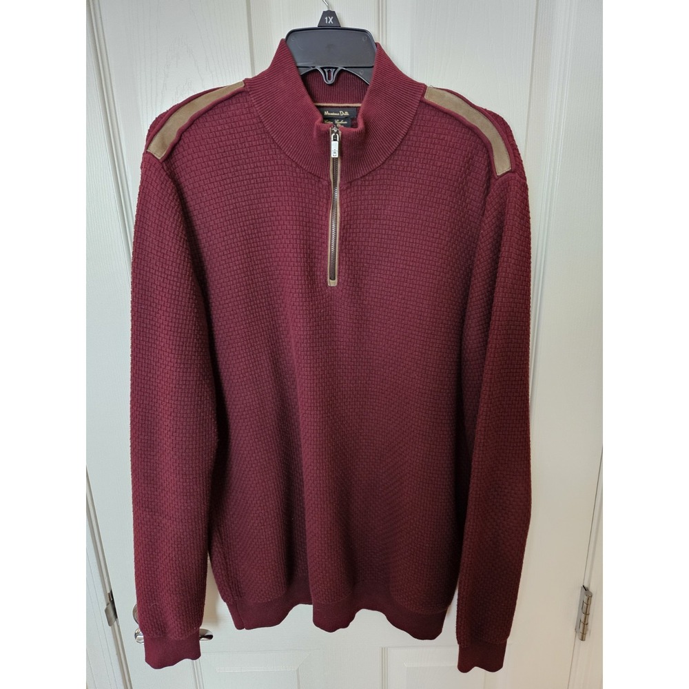 Massimo Dutti Men's Maroon Cotton/Cashmere 1/4 Zip Suede Shoulders Sweater LG